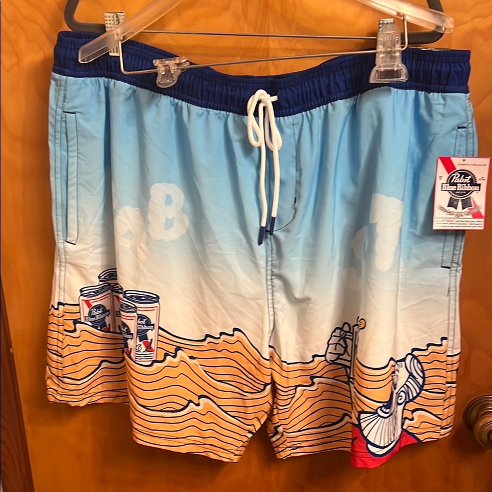 NWT Pabst Blue Ribbon Beer Swim Trunks Pockets Drawstring Netted Men 3XL (48/50)